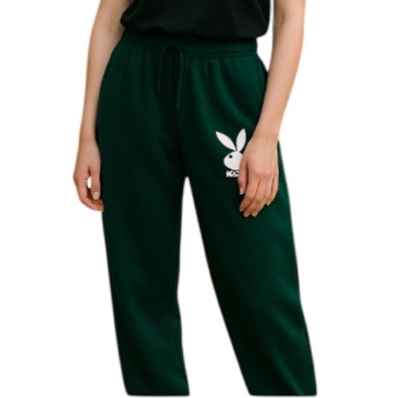 Playboy Booty Spellout Graphic Jogger Sweatpants Forest Green Bunny Pockets S - Picture 1 of 11